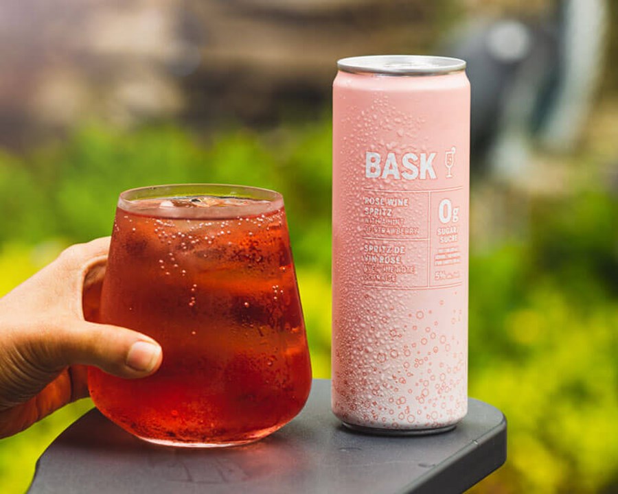 Bask Rose Wine Spritz in a can and glass.